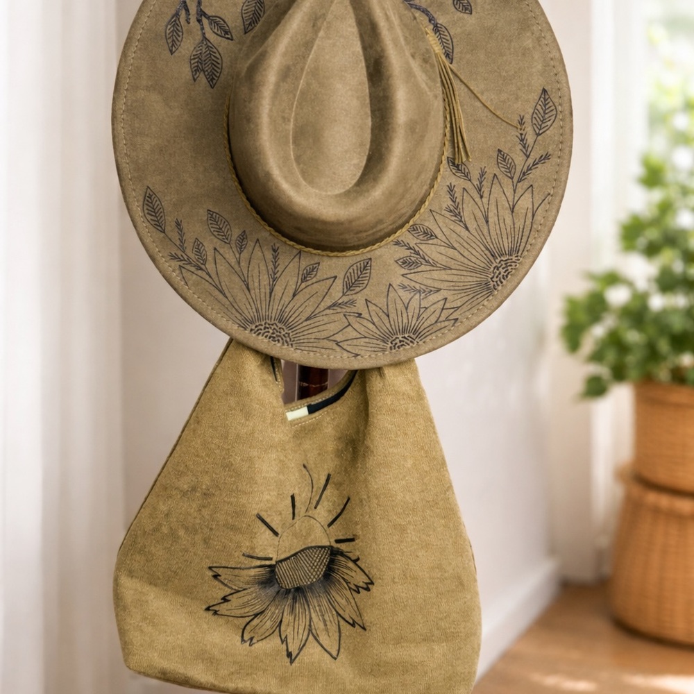Floral Embroidered Hat and Bag Set